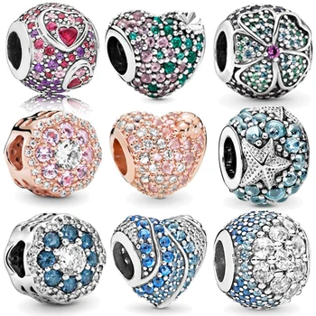 

Classic 100% 925 Silver Beads 9 Multiple Color CZ Ocean Love Heart Beads Charms fit Original Pan's Bracelets Women DIY Jewelry
