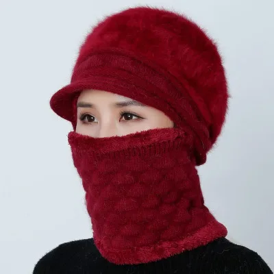 Зимняя Круглая Шапочка без полей Skullies вязаные шапочки зимние, шапки для женщин девушки шерсть шапочки с шарфами Балаклава маска Knitted шапка вязаная мама шапка - Цвет: Wine red