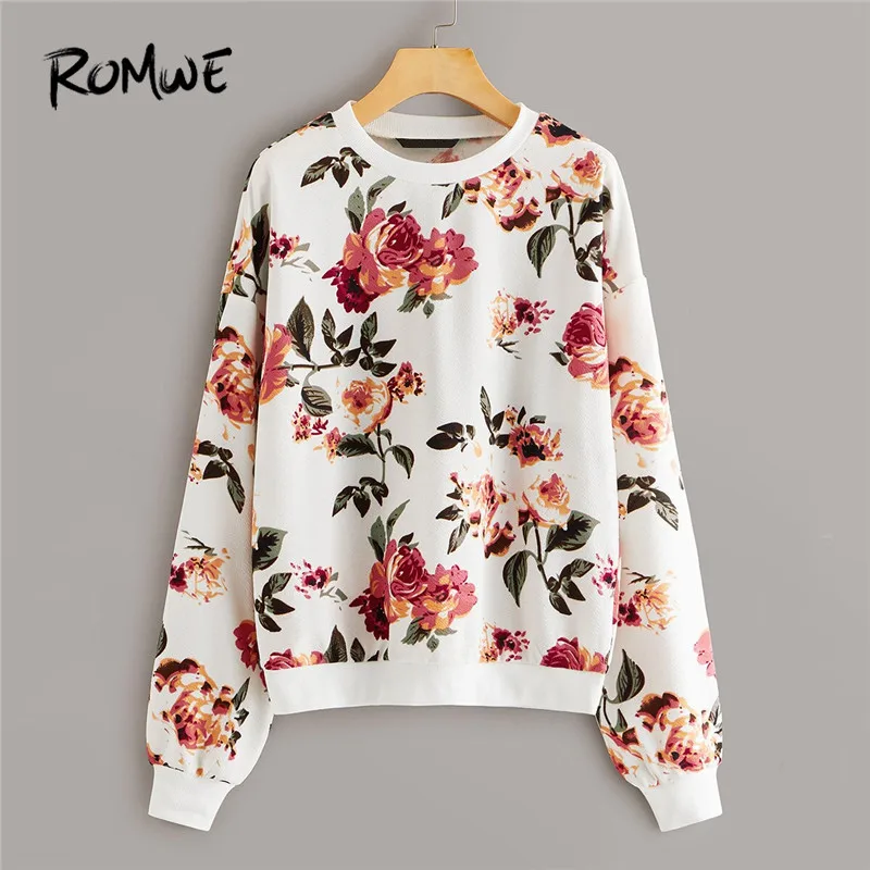  ROMWE Drop Shoulder Floral Print Women Sweatshirt Casual Round Neck Pullover Hoodie Fall 2019 Cloth