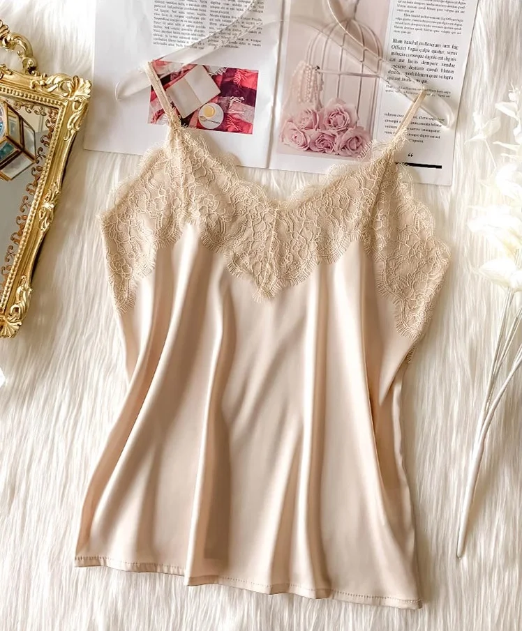 2021 Crop Tops Women Silk Tank Top Blouse Fashion French Style Deep V Lace Sexy Short Shirt Lingerie Soft For cropped | Женская одежда
