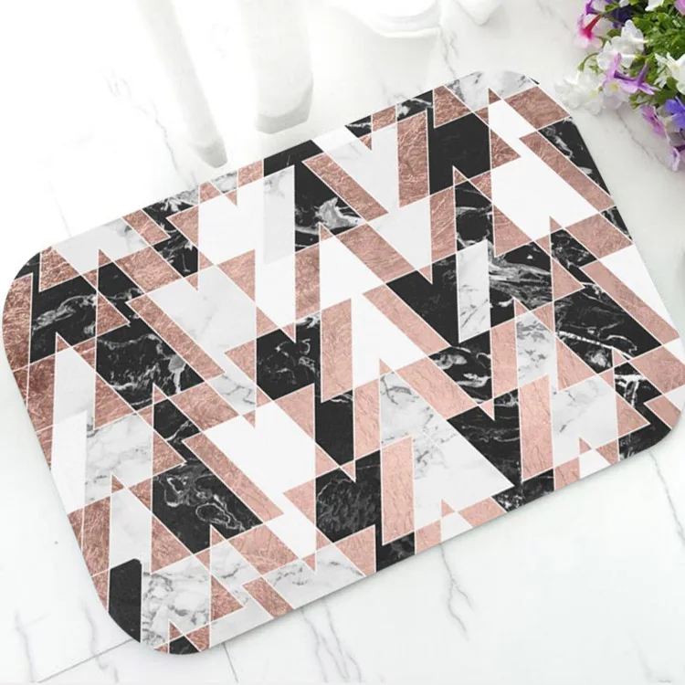 

Chic Abstract Geometric Triangles Chevron Stripes Floor Bath Kitchen Mat Marble Faux Rose Gold Black White Rug Carpet Doormat