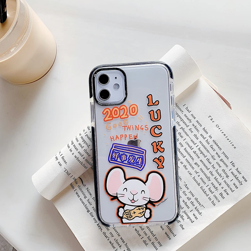 Прозрачный чехол с мультяшным принтом «Lucky mouse» для iPhone X, XR, Xs, Max, 11, 8, 7, 6, 6s Plus, 11Pro, Max, высококачественный Двухцветный Мягкий ТПУ чехол на заднюю панель