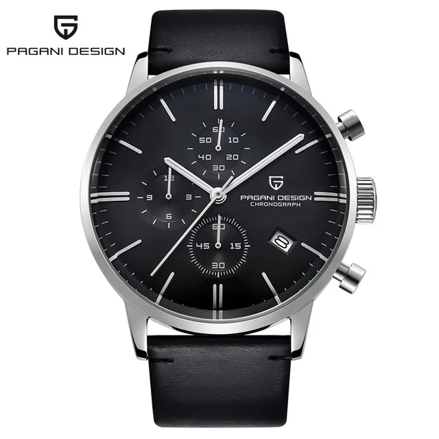 Black silver black PAGANI Дизайн Топ люксовый бренд Хронограф КОЖА мужские часы кварцевые модные спортивные военные наручные часы для мужчин relogio masculino - Цвет: Black silver black