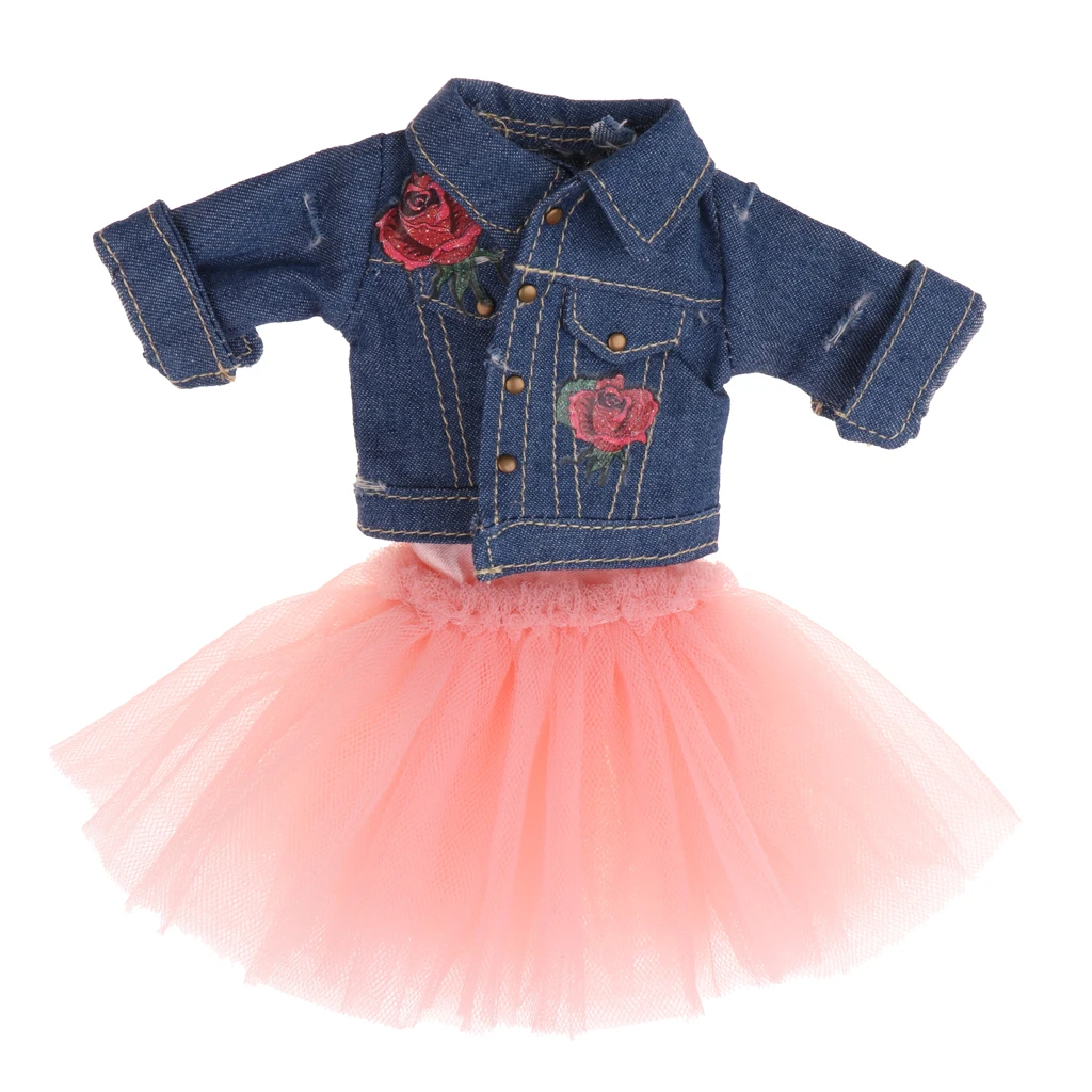 Adorable 4-Layers Gauzy Dress Jeans Jacket Outfit for 12inch Blythe Azone 1/6 BJD Dollfie Dolls Clothes Accessories Pink
