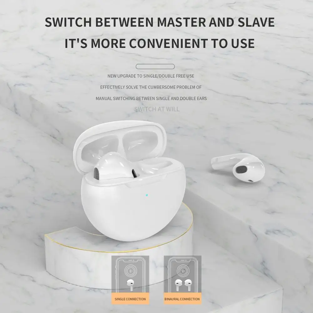 Airbuds 6 TWS Earbuds Wireless Bluetooth Earphones Touch Control Stereo Bass Noise Cancelling Sports Headset With Charging Box