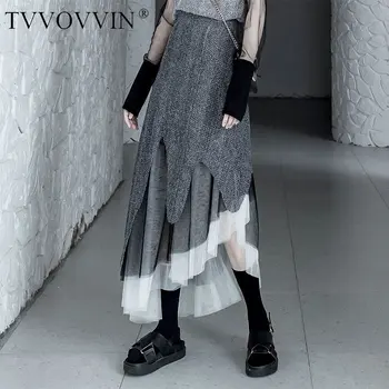 

TVVOVVIN Irregular Pleated Skirt Women Fashion Patchwork Mesh Hollow Out Elegant 2020 Autumn Minority High Waist Skirt F678