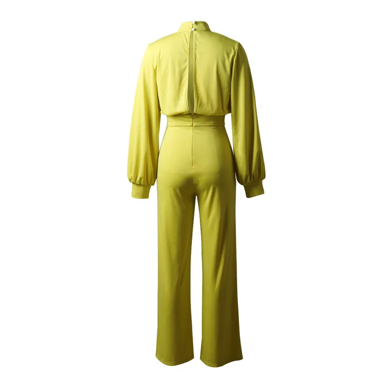 Turtleneck Lantern Sleeve Loose Women Jumpsuit Tunic Wide Leg Flare Pants Elegant Overalls Yellow White Black Combinaison Femme Turtleneck Lantern Sleeve Loose Women Jumpsuit Tunic Wide Leg Flare Pants Elegant Overalls Yellow White Black Combinaison Femme