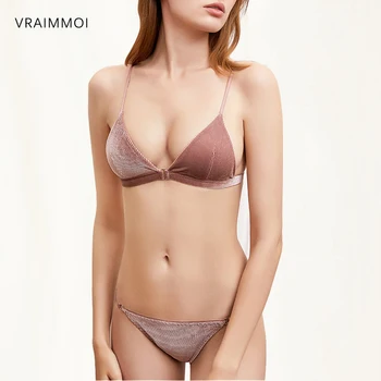 

Winter Sexy Lingerie Set For Women Thin Front Closure Bra Corduroy Triangle Cup Bralette Transparent Panties Soft Underwear Set