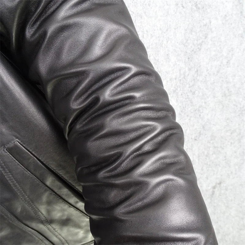 YR!Free shipping.Summer sale.short quality natural sheepskin coat.black soft genuine leather coat.slim skull leather cloth. sheepskin coat mens vintage