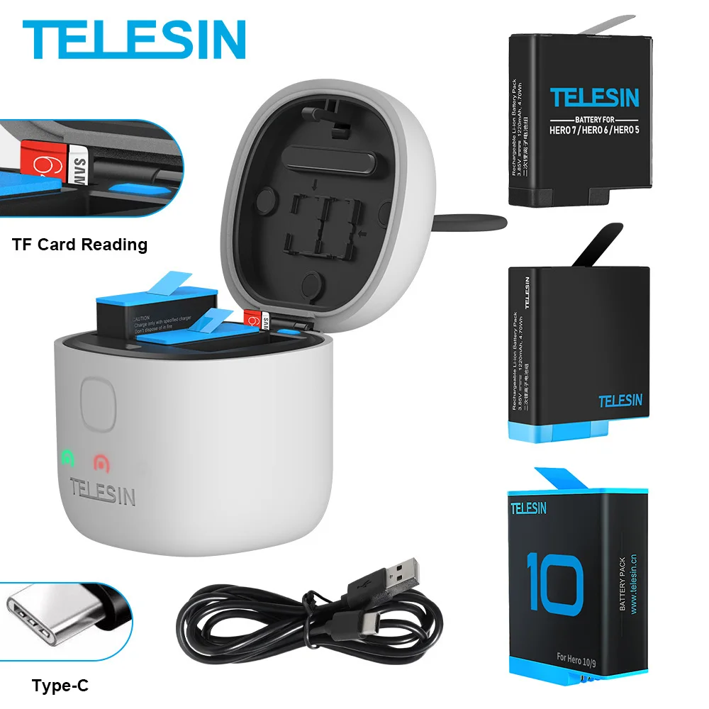 Аккумуляторная батарея TELESIN для GoPro 10 9 8 7 6 5 зарядное устройство с 3-сторонней