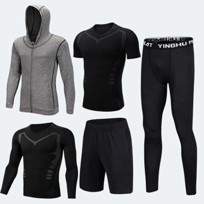 5Pc/set Men Sportswear Suits Compression Fitness Jogging Gym Tight Training Clothing Male Workout Jogging Tracksuit Running Sets