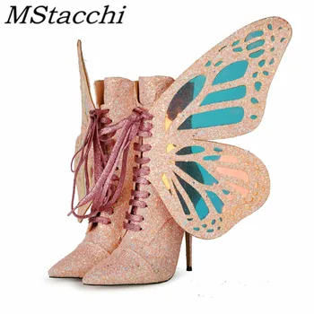 

Mstacchi Butterfly Wings Removable Women High Heel Boots Lace-up Pointed Thin Heels Sweet Fashion Female Shoes Chaussures Femme