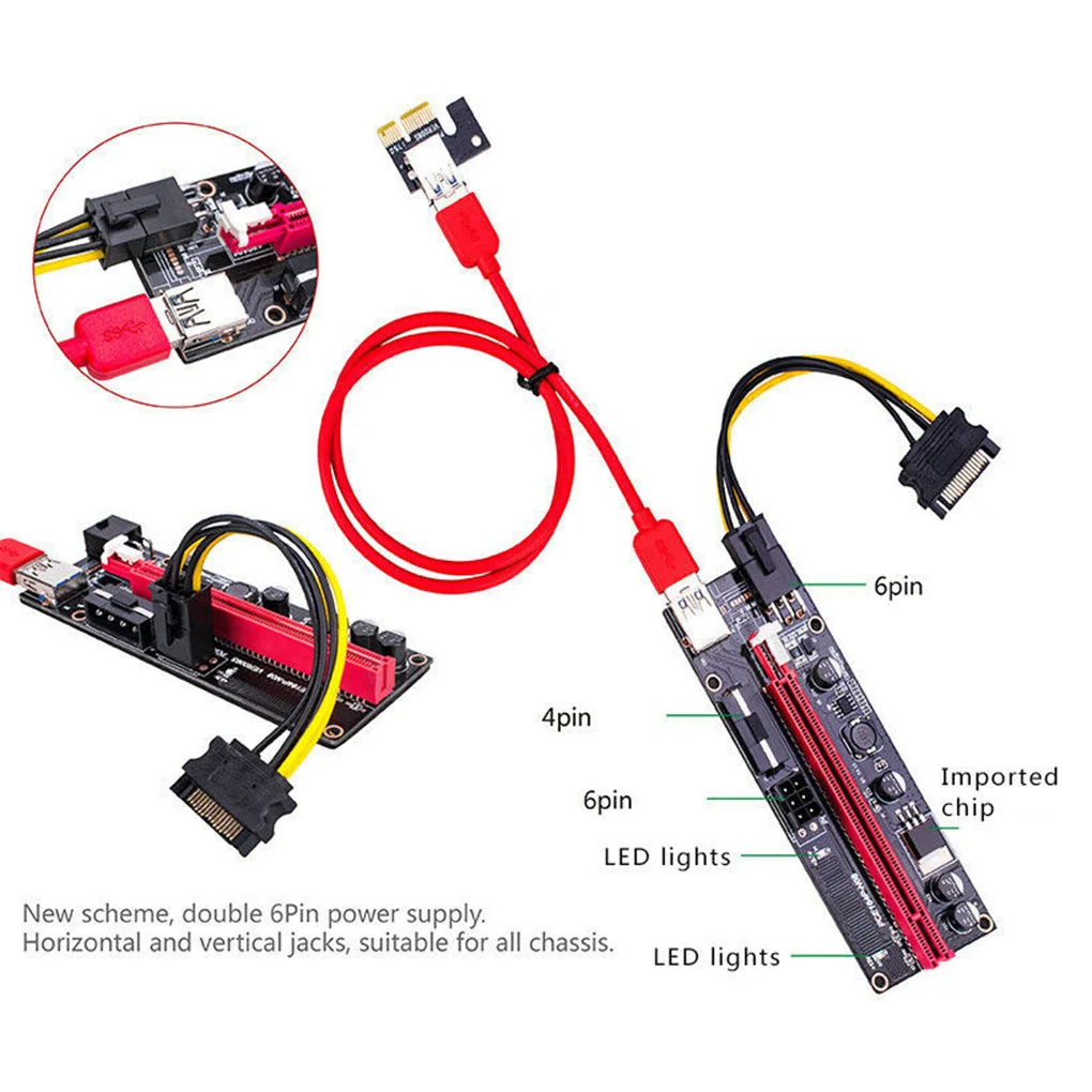 5/10pcs PCI-E pcie Riser 009 Express 1X 4x 8x 16x Extender PCI E USB Riser 009S Dual 6Pin Adapter Card SATA 15pin for BTC Miner-4