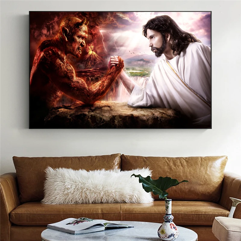 God Jesus vs Satan Devil Religion Wall Art Painting 