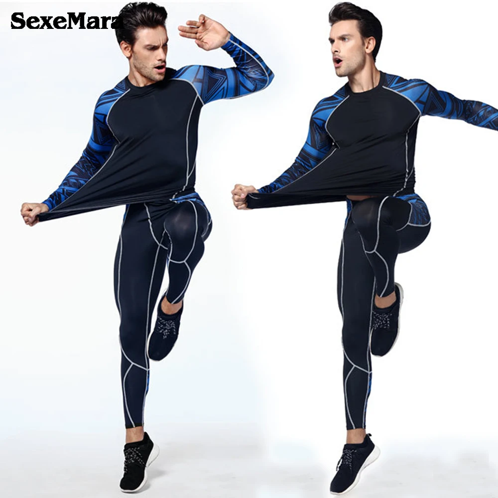 SexeMara, мужские компрессионные беговые костюмы, одежда для бега, спортивные комплекты, длинная футболка и штаны, для тренажерного зала, фитнеса, тренировок, трико, одежда