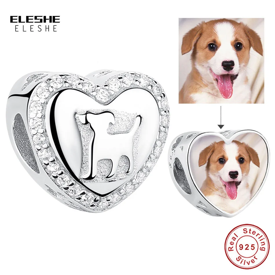 ELESHE personalizado foto 925 de plata esterlina Corazón de cristal colgantes de perro Fit pulsera de Pandora Original joyería de cuentas DIY