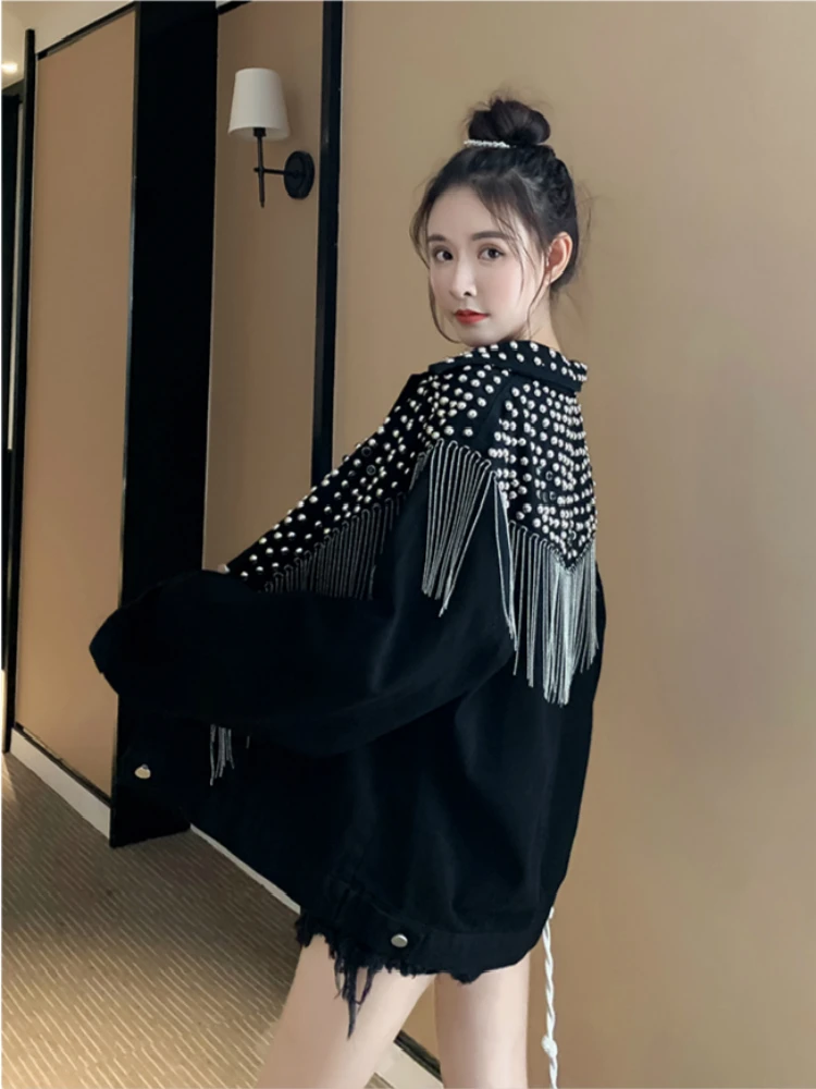 Женский кисточкой тяжелая работа алмазная заклепка с длинными рукавами Корейская версия свободная тонкая Модная Джинсовая куртка для женщин