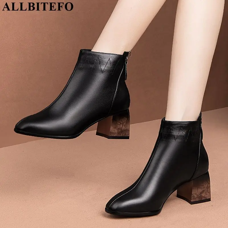 

ALLBITEFO natural genuine leather Square toe women boots concise leisure ankle boots comfortable fashion boots Autumn Winter