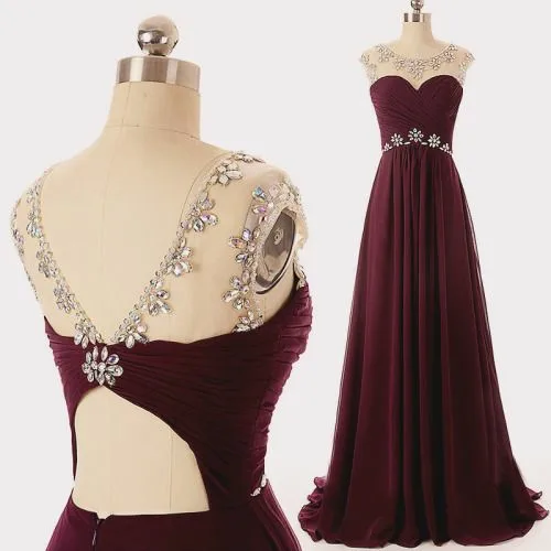 

Vintage Long Burgundy Chiffon Pleated Evening Dresses with Pockets Floor Length Zipper Back Beaded Formal Party Dress for Women