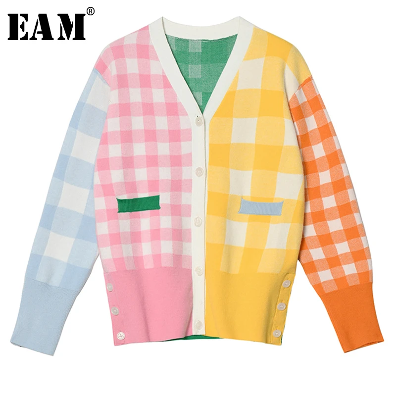 

[EAM] Contrast Color Plaid Button Knitting Open Stitch Loose Fit V-Neck Long Sleeve Women New Fashion Autumn Winter 2019 1A646