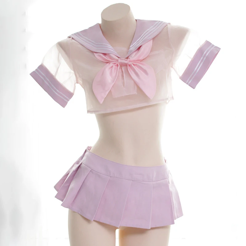 

School Girl Costume Pink JK Uniform Set Japanese Women's Transparent Sailor Suit Cosplay Tops + Miniskirt Set Nightdress