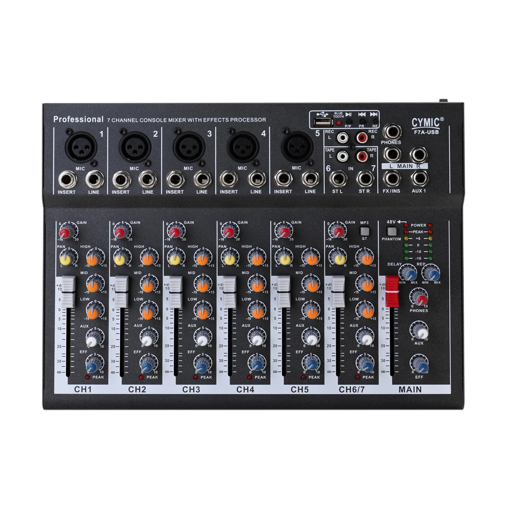 Mini Household Portable Audio Mixer with USB DJ Sound Mixing Console 48V Amplifier for Karaoke KTV Party - Color: Black-EU-7CH