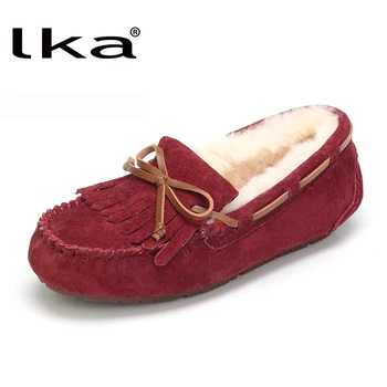 

LKa 100% Genuine Leather Women Flat Shoes New Fashion Natural Fur Women Moccasins Casual Loafers Plus Size Winter shoes