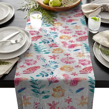 

Linen Cotton Table Runners For Wedding Party Home Decoration Watercolor Floral Modern Table Runner New Year Decor