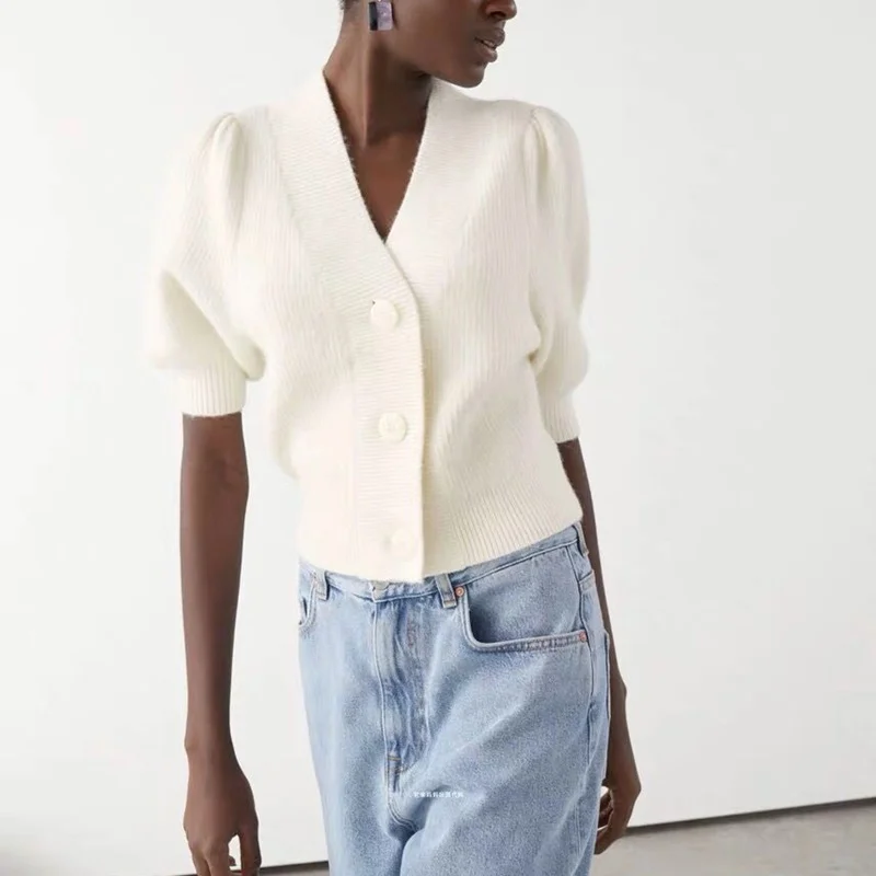 

2020 Spring New Stylish Knitting Top Single Breasted Cardigan Sweater Women Deep V-neck Short Sleeve Jumper Casual Office Wear