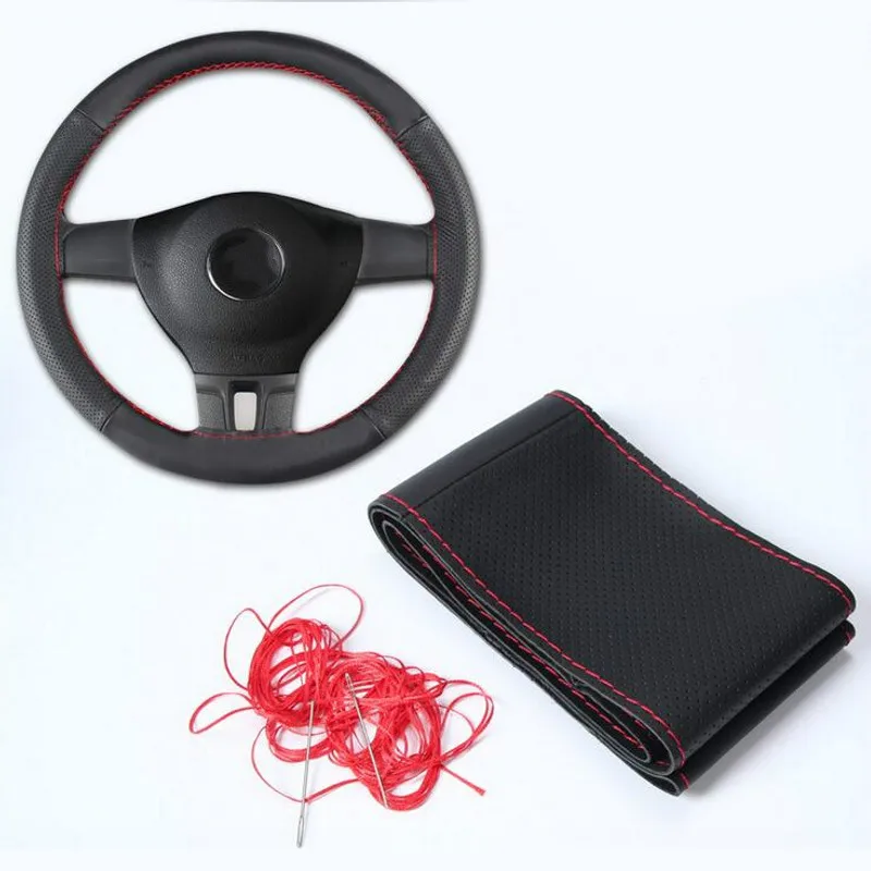1/2 Piece Diy Black Genuine Leather Car Steering Wheel Cover With