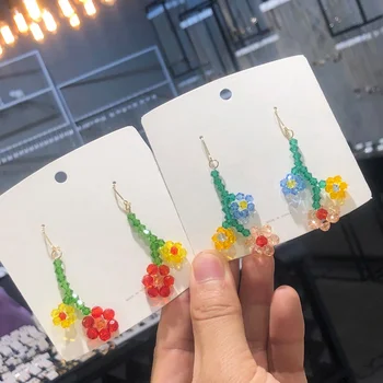

MENGJIQIAO Korean New Handmade Crystal Beads Flower Drop Earrings For Women Students Fashion Holiday Brincos Summer Jewelry