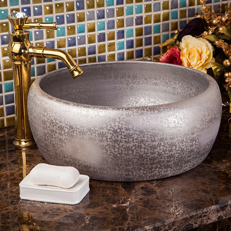 

Round bathroom sink ceramic wash basin Silver