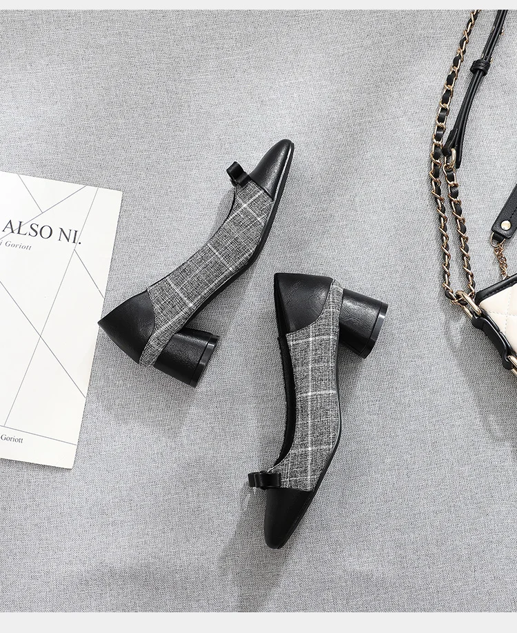 Classic Houndstooth Square High Heels Shoes Woman Women Slip Ons Square Toe Bowtie Elegant Casual Wedding Office Lady Shoes