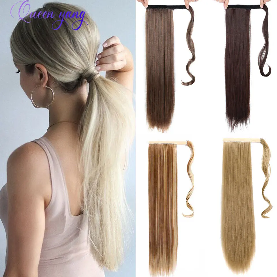 

QUEENYANG Clip In Synthetic Straight Ponytail Hair Extension Black Brown Gold Fake Ponytail Hairpiece Pony Tail Hair Extension