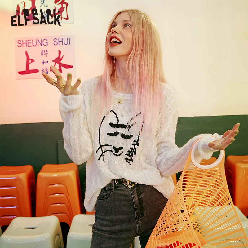 ELFSACK Sweet Cat Print Women Sweaters 2019 Autumn Elegant White Casual Knitted Female Tops O-Neck Loose Korea Fashion Clothing | Женская