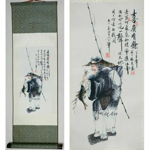 

Home decor Chinese silk scroll painting Fisherman fishing painting