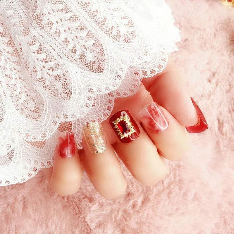 

24Pcs/set Fashion Shining False Nails Acrylic Gel Full Wine Ruby Fake Nails Art Tips Tools