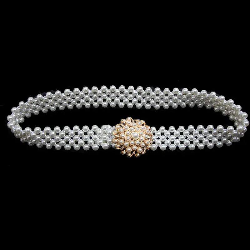 Flatfoosie Elegant Women Pearl Waist Belt Elastic Buckle Pearl Chain Belt Female Girls Dress Crystal Strap Pearl Waistband Gifts