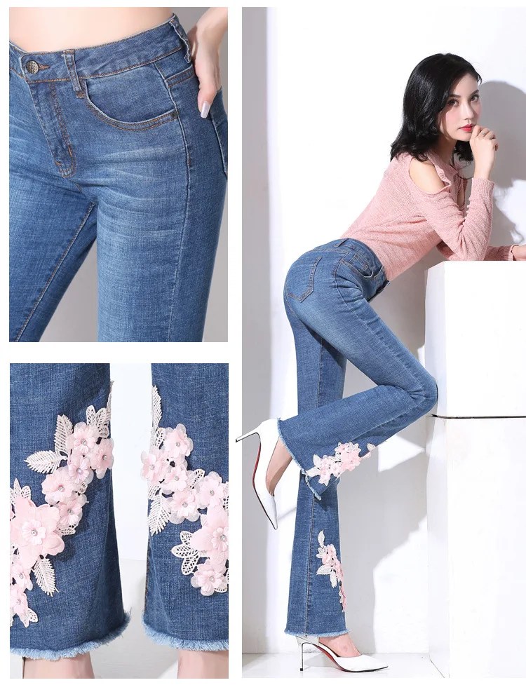Fashion embroidery Denim Flare Pants Women Retro Ripped Jeans woman Wide Leg Trousers Lady Casual Bell-Bottoms Flare Pant Female