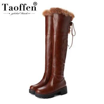 

TAOFFEN Warm Fur 2020 Shoes Women Over The Knee High Boots Fashion Solid Color Round Toe Lace Platform Footwear Size 33-43
