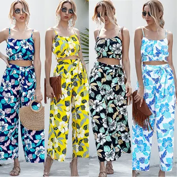 

2020 Summer Sexy Spaghetti Strap Crop Top And High Waist Loose Long Pants Women Vintage Printed Bohemian Two Piece Set