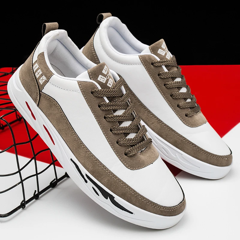 Fashion Casual Shoes Men Sports Shoes Flat Shoes Leather Shoes Patchwork Male Vulcanized Shoes Outdoor Shoe Lace-Up Sneakers New - Color: Khaki