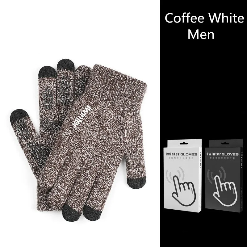 Fashion Touch Screen Gloves Men Women Winter Warm Knitting Mittens Anti Slip Thicken Full Finger Guantes - Цвет: Coffee White Men