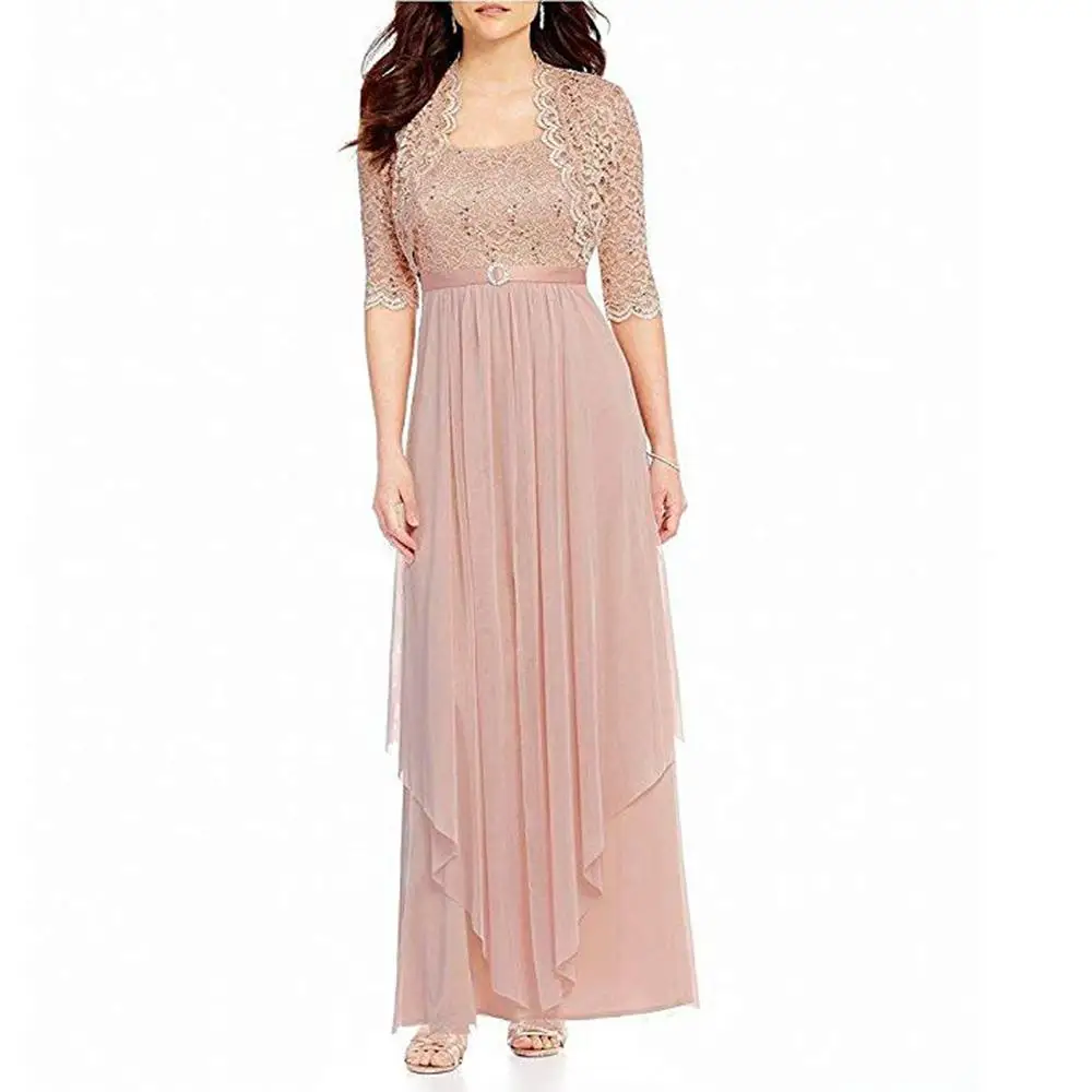 Pink (as picture) Женское шифоновое платье из двух частей с аппликацией, элегантное кружевное платье в пол размера плюс, Vestido Mae Da Noiva - Цвет: Pink (as picture)