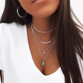 

Bohemian Style Elbow Symbol Water Droplet Gemstone Pendant Multilayer Women's Combination New Products