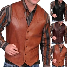 

Men Punk Leather Vest V Neck Fishing Motorcycle Jacket Single Breasted Performance Costume Sleeveless Slim Fit