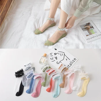 

Fashion Women Summer Sexy Lace Mesh Socks Breathable Ultra Thin Socks Crystal Silk Sole Short Socks Elasticity Ankle Socks