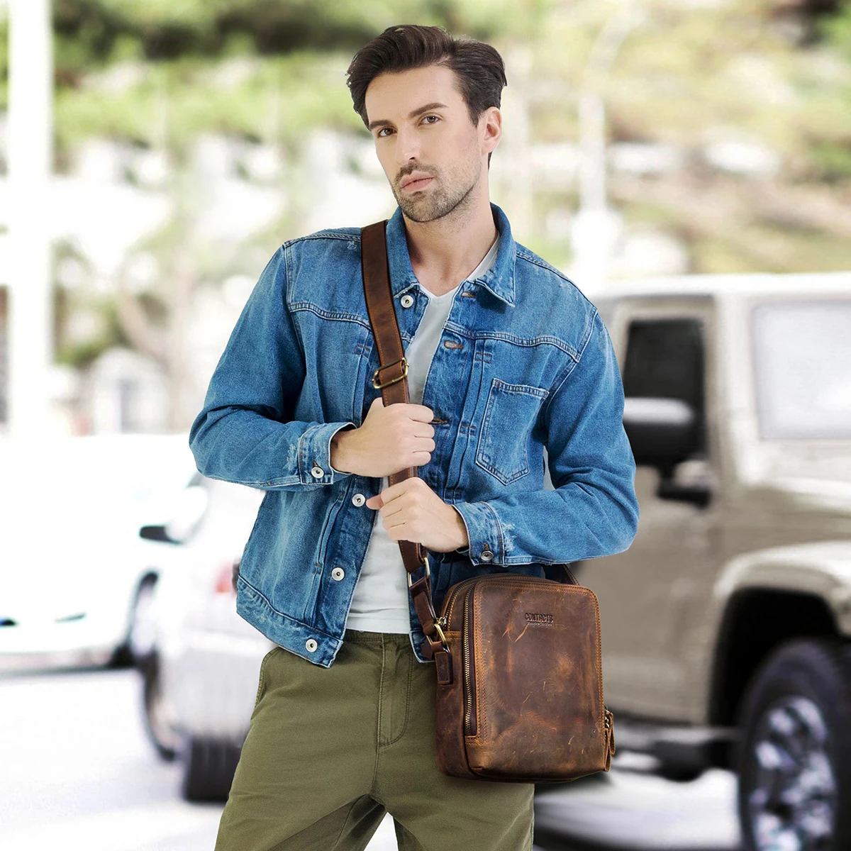 Contact's Men's Crossbody Shoulder Bag Vintage Genuine Leather Retro  Messenger Bag Stylish Casual Male Travel Bag