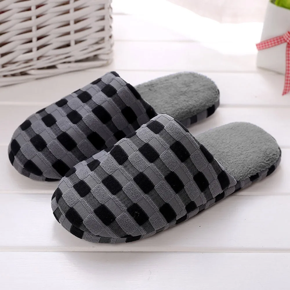 Зимние женские и мужские домашние тапочки; теплые плюшевые тапочки в клетку; Удобная нескользящая обувь для спальни; pantoufle homme hiver chaud