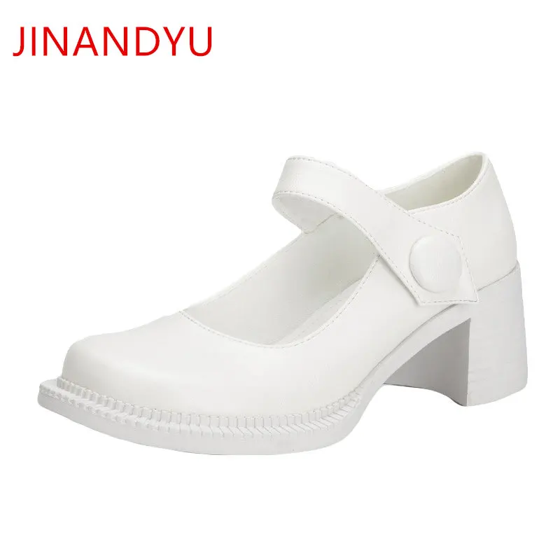 

White Black Heels for Women New Fashion Wedding Shoes Women Block Heels Woman Pumps Round Toe Ladys High Heels Leather Shoes